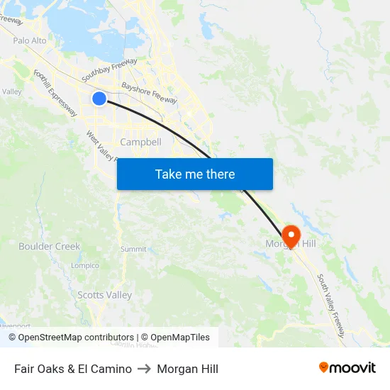 Fair Oaks & El Camino to Morgan Hill map