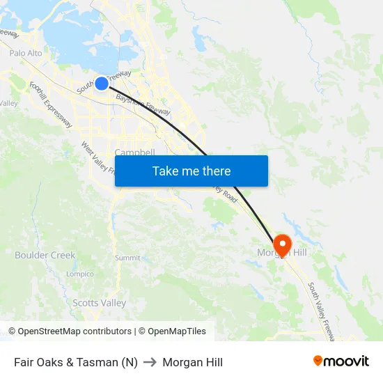 Fair Oaks & Tasman (N) to Morgan Hill map