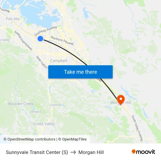 Sunnyvale Transit Center (S) to Morgan Hill map