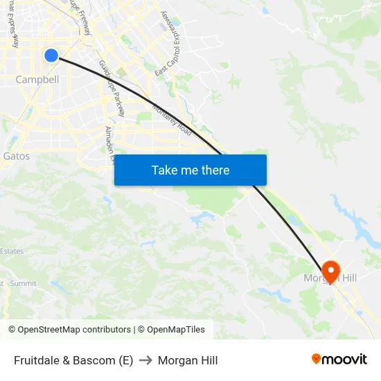 Fruitdale & Bascom (E) to Morgan Hill map