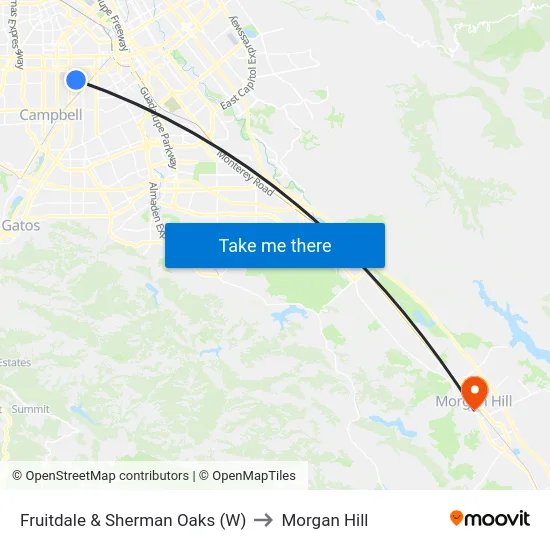 Fruitdale & Sherman Oaks (W) to Morgan Hill map