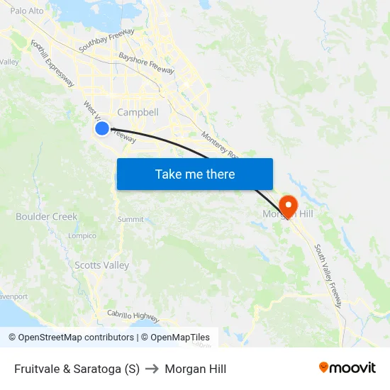 Fruitvale & Saratoga (S) to Morgan Hill map
