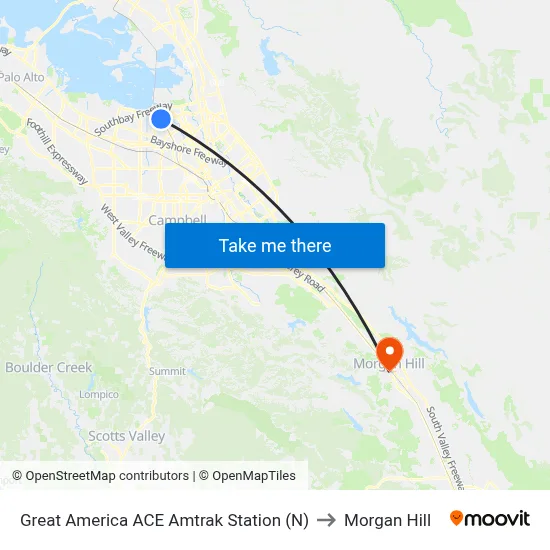 Great America ACE Amtrak Station (N) to Morgan Hill map