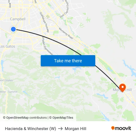Hacienda & Winchester (W) to Morgan Hill map