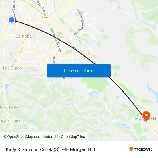 Kiely & Stevens Creek (S) to Morgan Hill map