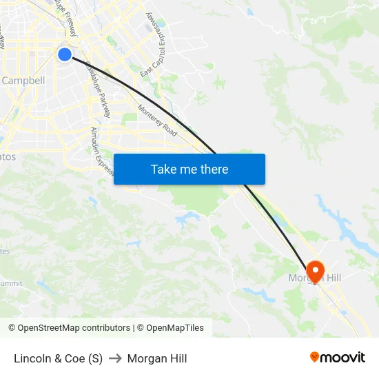 Lincoln & Coe (S) to Morgan Hill map