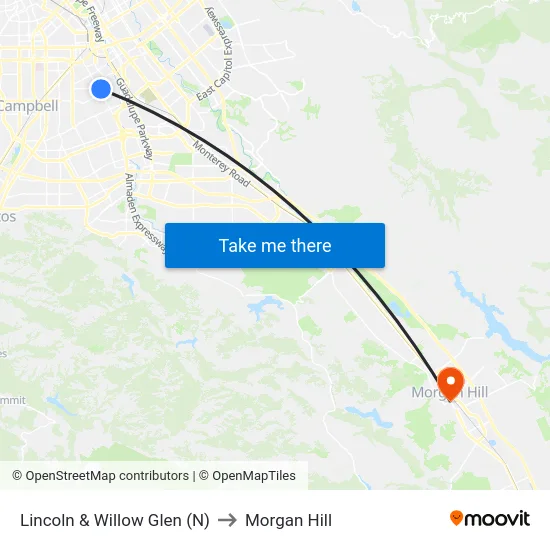 Lincoln & Willow Glen (N) to Morgan Hill map
