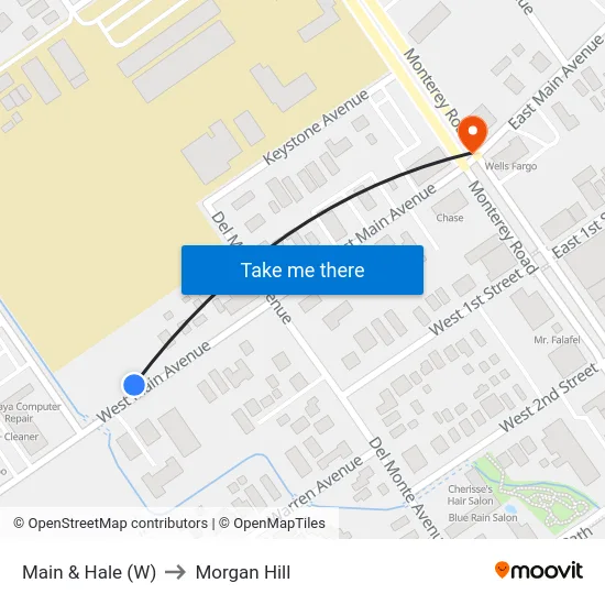 Main & Hale (W) to Morgan Hill map
