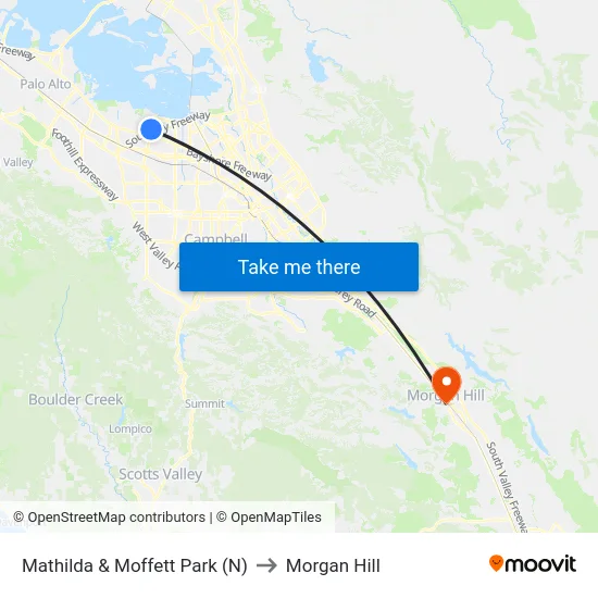Mathilda & Moffett Park (N) to Morgan Hill map