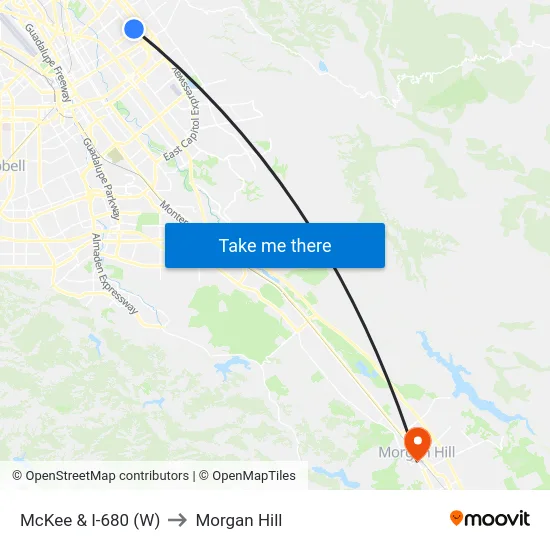 McKee & I-680 (W) to Morgan Hill map