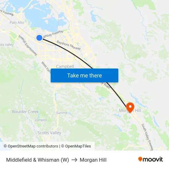 Middlefield & Whisman (W) to Morgan Hill map