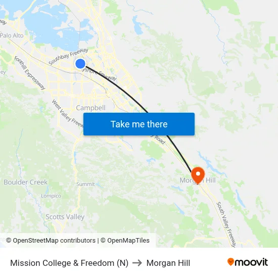 Mission College & Freedom (N) to Morgan Hill map