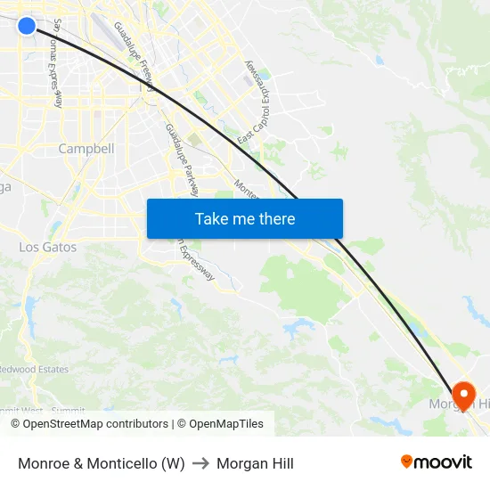Monroe & Monticello (W) to Morgan Hill map