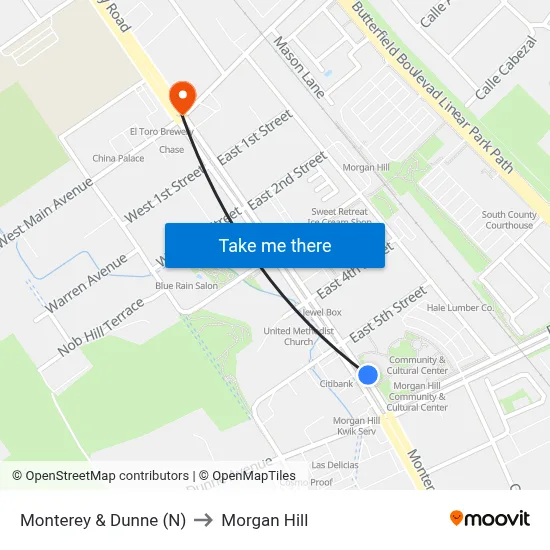 Monterey & Dunne (N) to Morgan Hill map