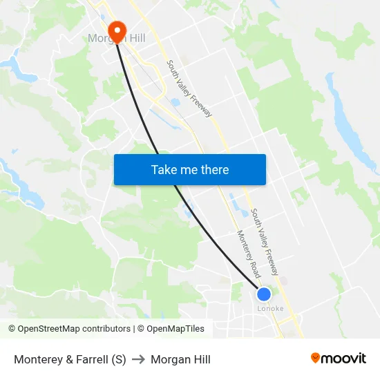 Monterey & Farrell (S) to Morgan Hill map