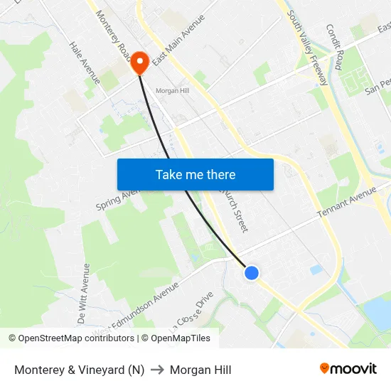 Monterey & Vineyard (N) to Morgan Hill map