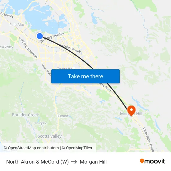North Akron & McCord (W) to Morgan Hill map