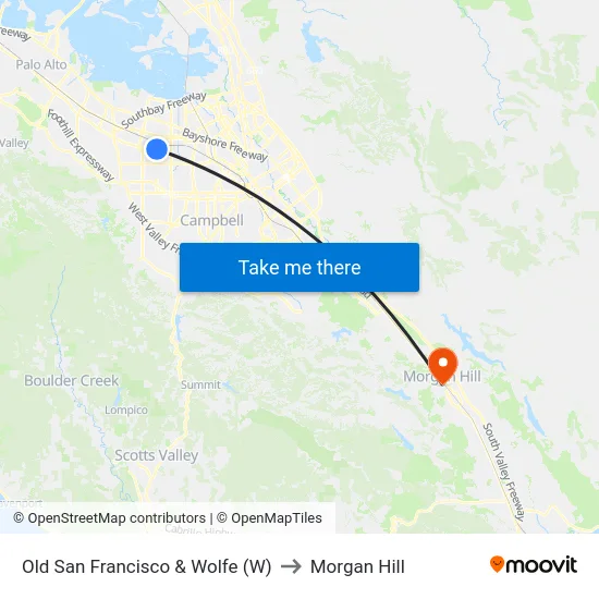 Old San Francisco & Wolfe (W) to Morgan Hill map
