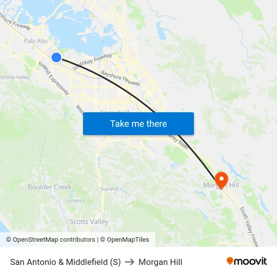 San Antonio & Middlefield (S) to Morgan Hill map