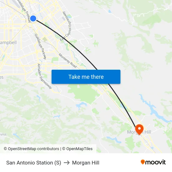 San Antonio Station (S) to Morgan Hill map