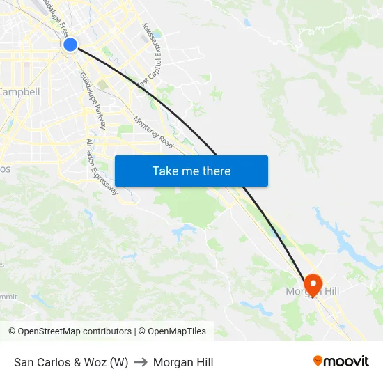 San Carlos & Woz (W) to Morgan Hill map