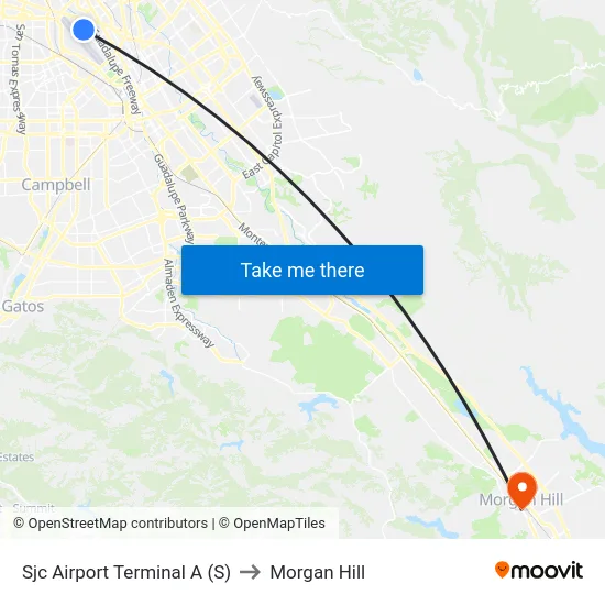 Sjc Airport Terminal A (S) to Morgan Hill map