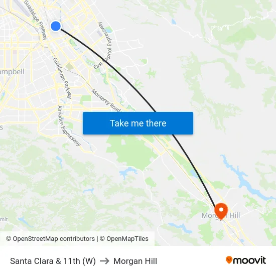 Santa Clara & 11th (W) to Morgan Hill map