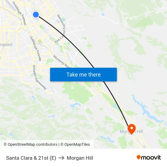 Santa Clara & 21st (E) to Morgan Hill map