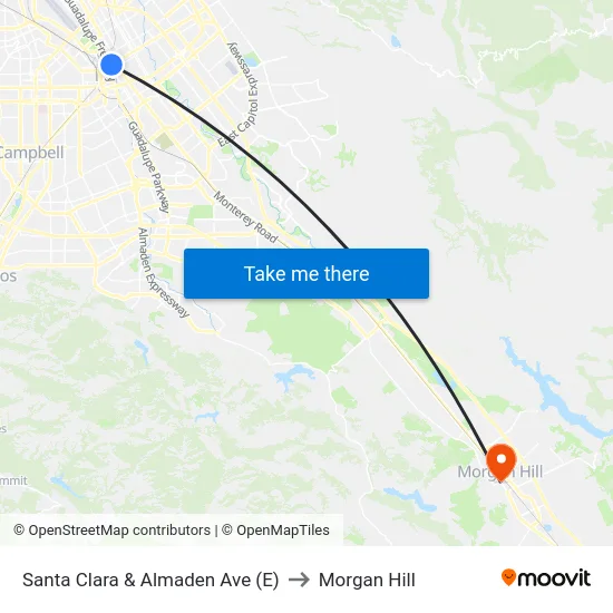 Santa Clara & Almaden Ave (E) to Morgan Hill map
