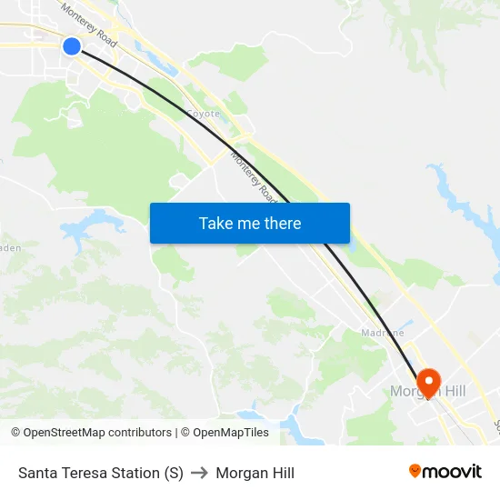 Santa Teresa Station (S) to Morgan Hill map