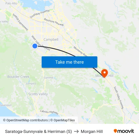 Saratoga-Sunnyvale & Herriman (S) to Morgan Hill map