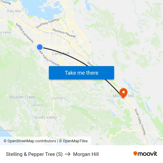 Stelling & Pepper Tree (S) to Morgan Hill map