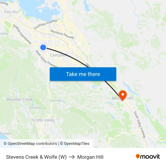 Stevens Creek & Wolfe (W) to Morgan Hill map