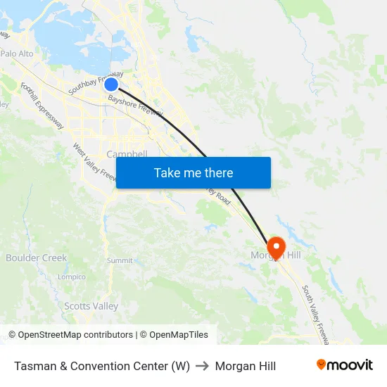 Tasman & Convention Center (W) to Morgan Hill map