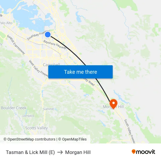 Tasman & Lick Mill (E) to Morgan Hill map