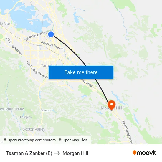 Tasman & Zanker (E) to Morgan Hill map