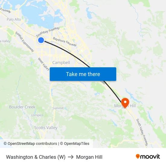 Washington & Charles (W) to Morgan Hill map
