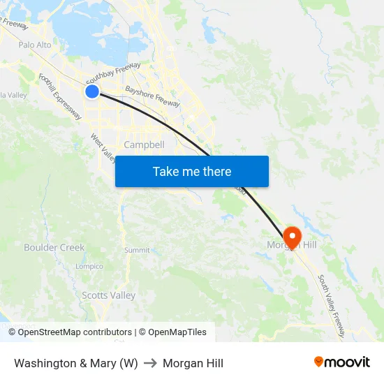 Washington & Mary (W) to Morgan Hill map