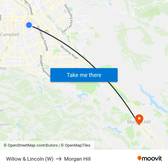 Willow & Lincoln (W) to Morgan Hill map