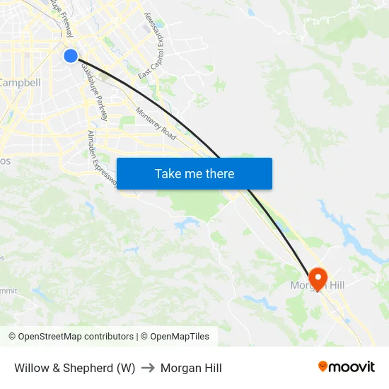 Willow & Shepherd (W) to Morgan Hill map