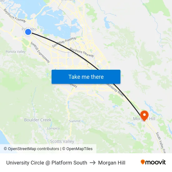 University Circle @ Platform South to Morgan Hill map