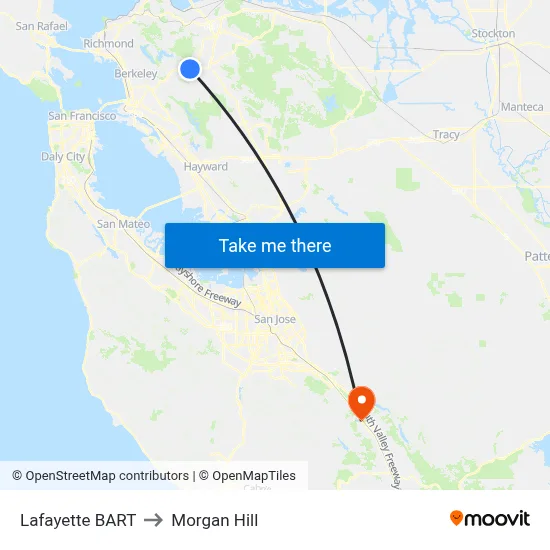 Lafayette BART to Morgan Hill map