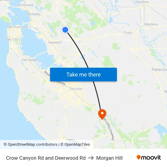 Crow Canyon Rd and Deerwood Rd to Morgan Hill map
