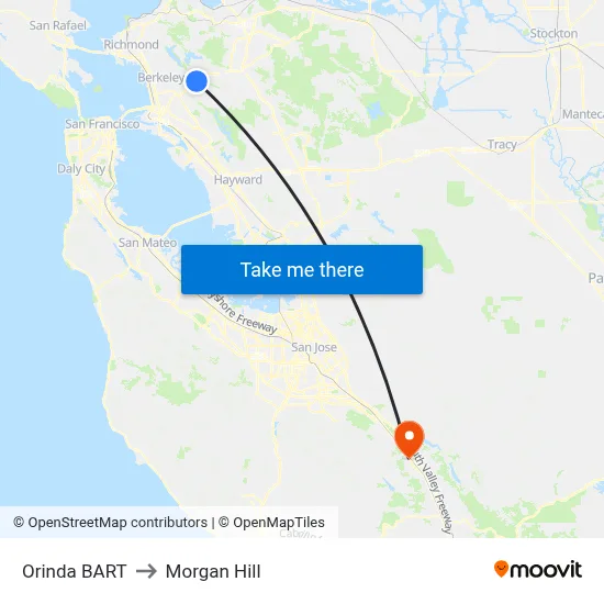 Orinda BART to Morgan Hill map