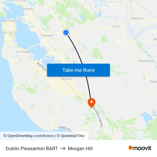 Dublin Pleasanton BART to Morgan Hill map