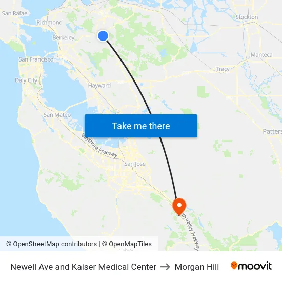 Newell Ave and Kaiser Medical Center to Morgan Hill map