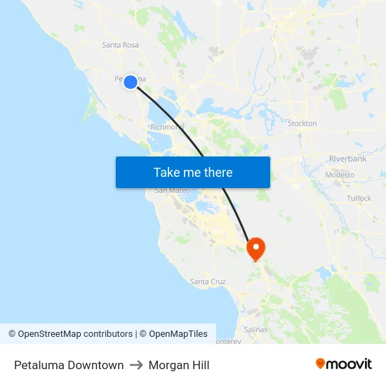 Petaluma Downtown to Morgan Hill map