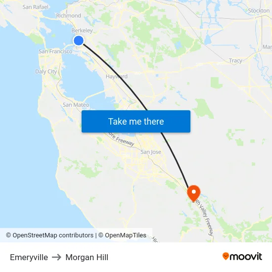 Emeryville to Morgan Hill map