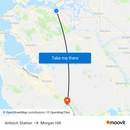 Antioch Station to Morgan Hill map