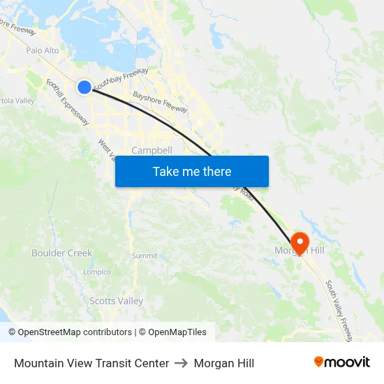 Mountain View Transit Center to Morgan Hill map